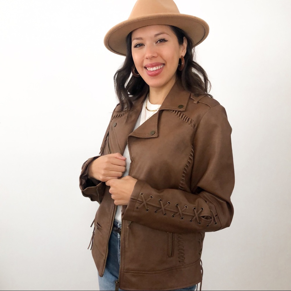 Coffee Shop Peanut Detailed Faux Leather Jacket